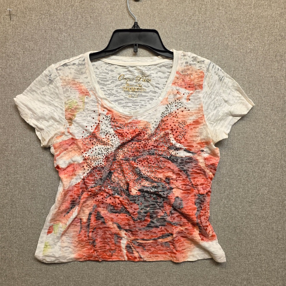 Orque Petite Womens Burnout Knit T-Shirt Orange Floral Rhinestone Scoop Neck S
